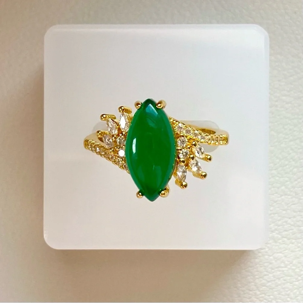 Gold Ring with Green onyx and Crystal Accents